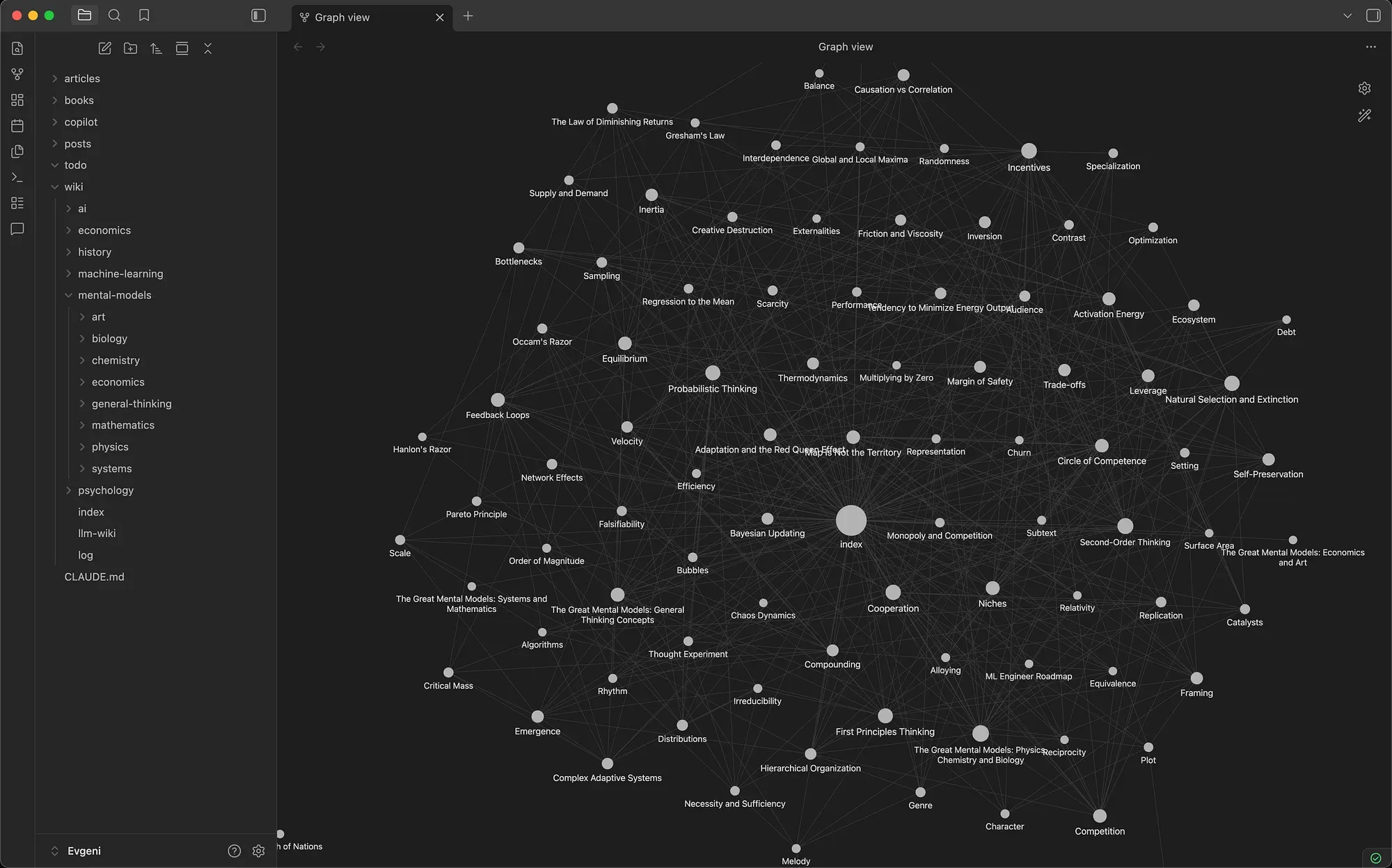 Obsidian graph view of an LLM-maintained second brain — book nodes at the center, radiating out to 86 mental model pages across eight domains, with dense cross-domain connections