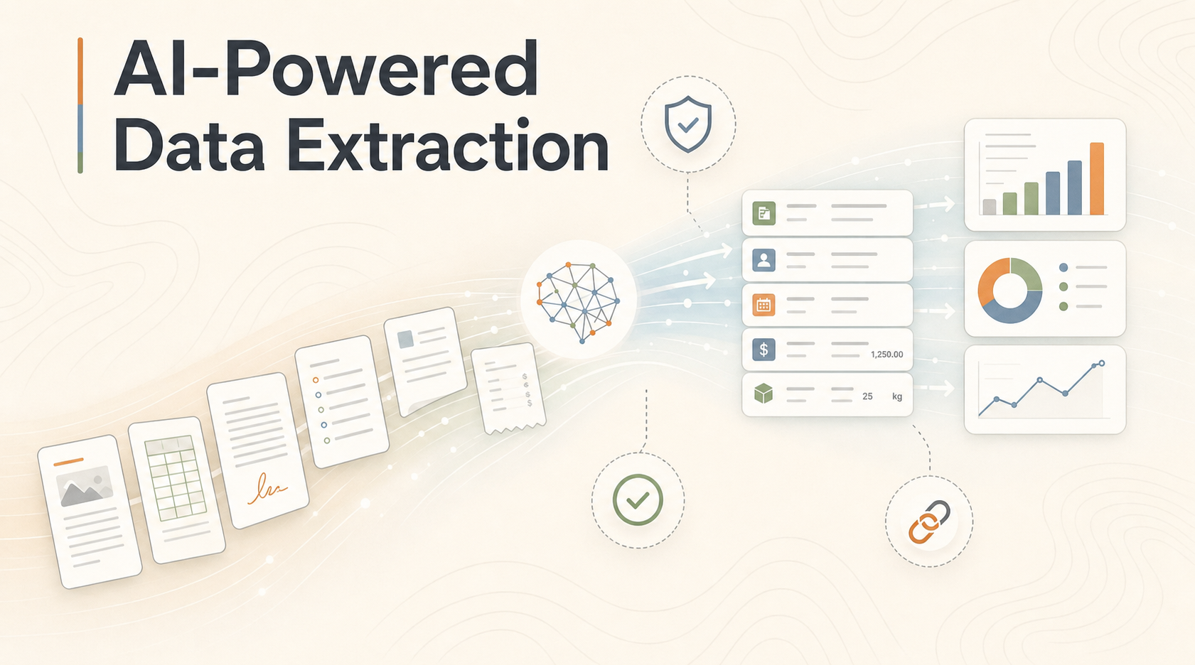 AI-powered data extraction — documents flowing into structured fields and analytics dashboards
